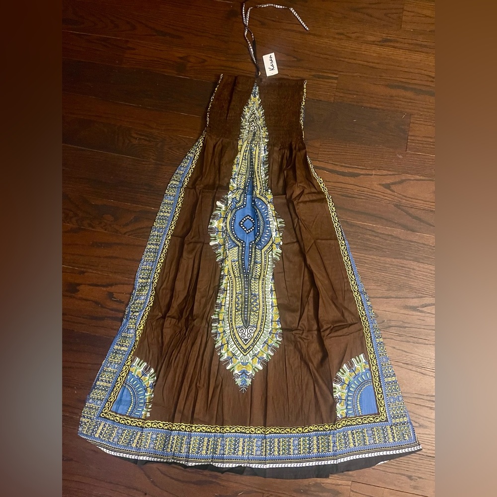 New boho African dashiki inspired print brown  halter / tube dress (one Size)